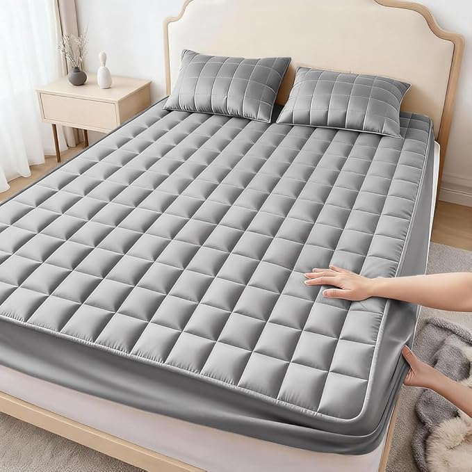 Waterproof Quilted Mattress Protector, Gray, Deep Pocket 9-15 Inches, Cooling Breathable Bed Cover, Hotel Quality (Gray, Full)