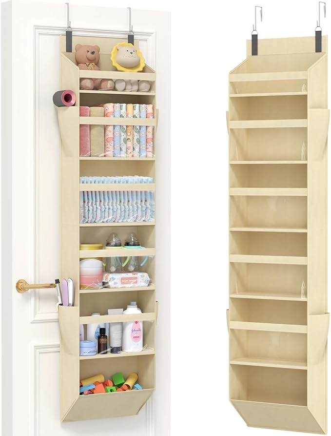 Lifewit 1 Pack Over the Door Organizer, 6 Section Clear Window Hanging Storage with 4 Side Pockets, Sturdy Anti Tilt 40 lbs Load Behind Door for Closet, Bedroom, Bathroom, Nursery, Dorm, Beige by Lifewit