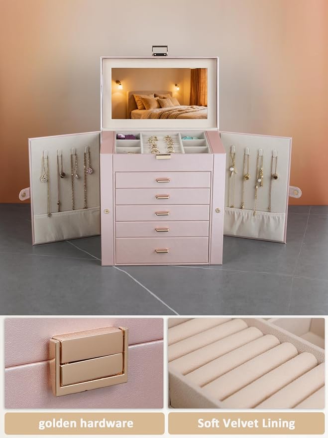 BOOVO Jewelry Box For women, 6 Layer Large Jewelry Organizer With Mirror, Multi-Function Storage Box With Lock, Necklace Holder With 5 Drawers, For Earrings Necklace Bracelet (Rose Gold and Gold) - Image 2