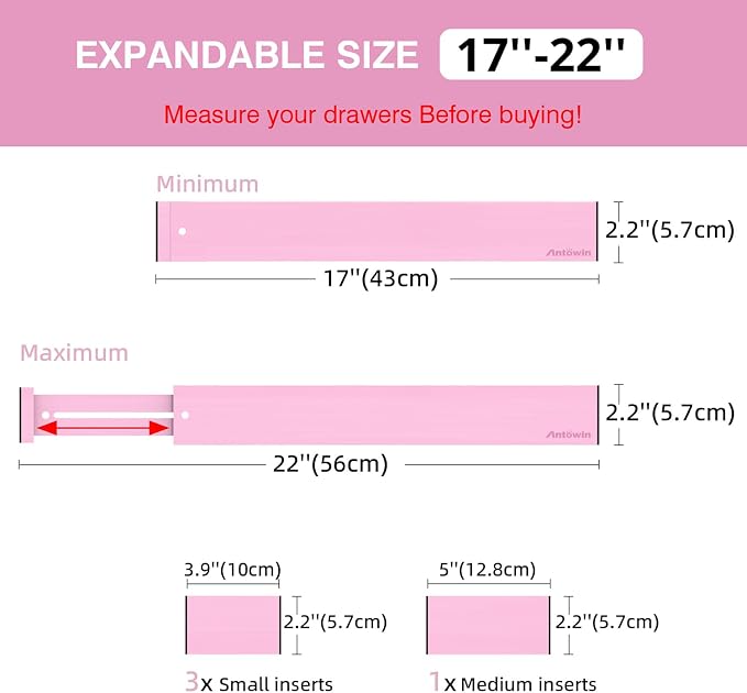 ANTOWIN Expandable Bamboo Drawer Dividers Organizers, Drawer Separators Splitter, 17-22 inches Long Adjustable Spring-loaded Organizer for Large Utensil, Clothes, Tools(Pink) - Image 4