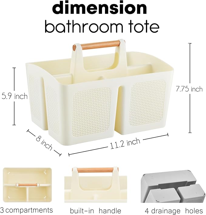 ALINK Portable Shower Caddy Basket with Compartments, Plastic Divided Cleaning Caddy Organizer Storage Tote with Handle for Bathroom, College, Dorm Room Essentials - Beige - Image 2