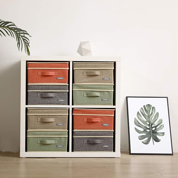 YueYue Small 4 Pack Fabric Stroage Box with Lids, Linen Foldable Stroage Box with lids 4 Color Set 12.4in/12in/6.7in - Image 3