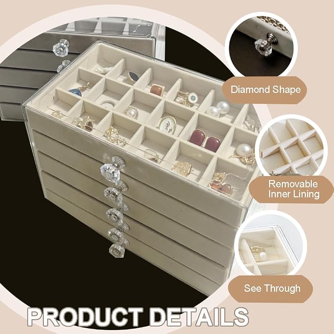 SPAKOWN Earring Box Holder Organizer Display Case, Clear Velvet Jewelry Storage Tray Organizer for Earring Ring Stud (Beige - 5 Drawers) - Image 5