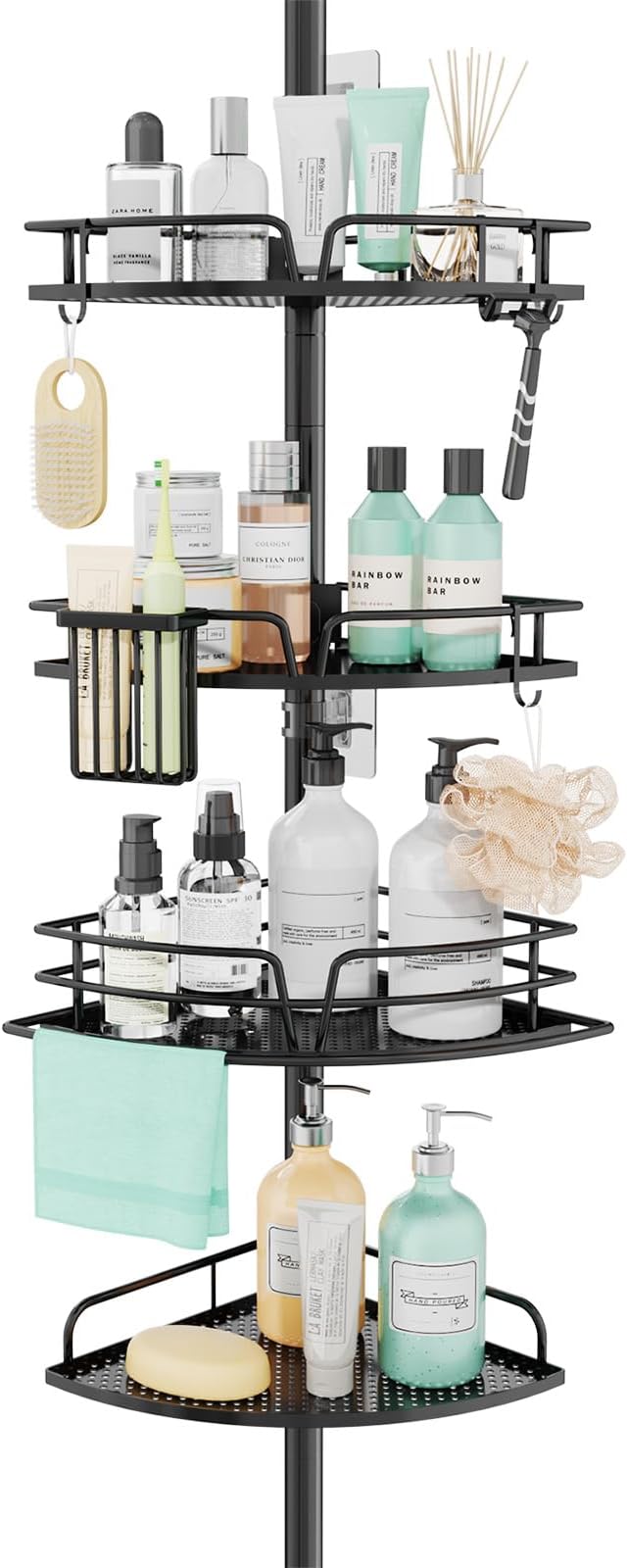 SWTYMIKI Shower Caddy Tension Pole - 4-Tier Corner Shower Organizer Tension Rod, Toothbrush Holder & 4 Hooks, Adjustable Stainless Steel Bathroom Organizer 27.6 to 108.3 inch, Black with Towel Bar by SwtyMiki-TidyHomeSweetLife