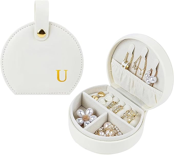 Travel Jewelry Case,Personalized Jewelry Box,Elegant Half-Moon Design with Personalized Golden Initial Case,Personalized Gifts for Women,Jewelry organizer;Personalized Gifts for Women or Friends (U) by Koyzsen