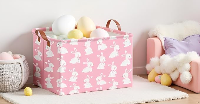 CLOCOR Rectangular Pink Easter Gift Basket Empty,Waterproof Easter Bunny Bakset for Egg Hunting(Pink Easter Bunny) - Image 3