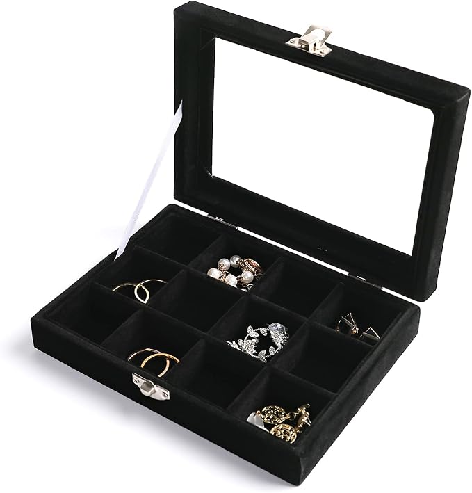 Frebeauty Jewelry Organizer Tray with Clear Lid,12 Grid Velvet Drawer Insert Jewelry Box with Transparent lid Jewelry Display Case Store Showcase Jewelry Box Gift for Women(Black,12 Grid) by Frebeauty