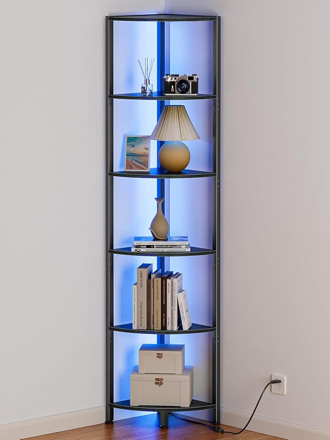 Furnulem 6 Tier Corner Shelf with LED Light, 67.5” Tall Standing Shelf Organizer, Black Narrow Bookshelf with Storage Rack for Wall Corner, Living Room, Bedroom, Metal Frame, Wood Display Shelf by Furnulem