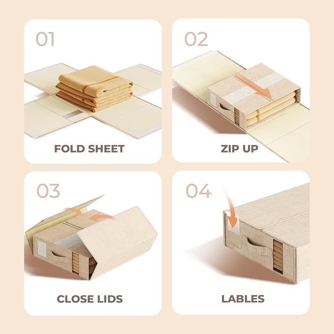 4 Pack Sheet Storage Organizer (King & Queen Size) with handle, Foldable Sheet Set Organizer for Linen Closet, Sheet Organizer for Blanket, Coverlet and Towel, Beige - Image 7