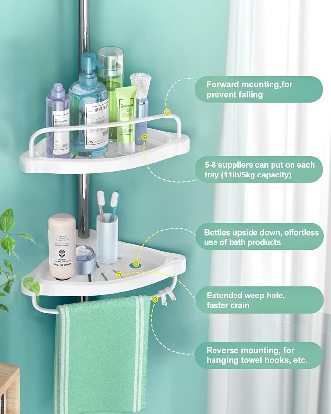 ADOVEL 4 Layer Corner Shower Caddy, Stainless Steel Constant Tension Pole Shower Organizer, Adjustable Corner Shower Shelf, Rustproof 3.3 to 9.8 ft - Image 4
