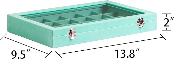 Frebeauty Velvet Jewelry Tray,24 Grid Jewelry Organizer with Clear Lid,Earring Holder Organizer with Clasp,Drawer Insert Rings Pendants Brooches,13.8 x 9.5 x 2 Inches,Gift for Women Girls(Turquoise) - Image 3