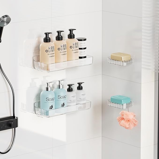 Sotfamily Clear Shower Caddy, Acrylic Wall Mounted Shower Shelves with Soap Dish & Adhesive Pads for Bathroom Organizers and Storage, No Drill Shower Caddies for Bathroom Decor - Image 2