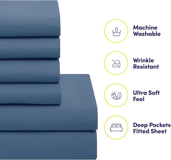 Sweet Home Collection 7 Piece Comforter Set Bag Solid Color All Season Soft Down Alternative Blanket & Luxurious Microfiber Bed Sheets, Denim, Queen