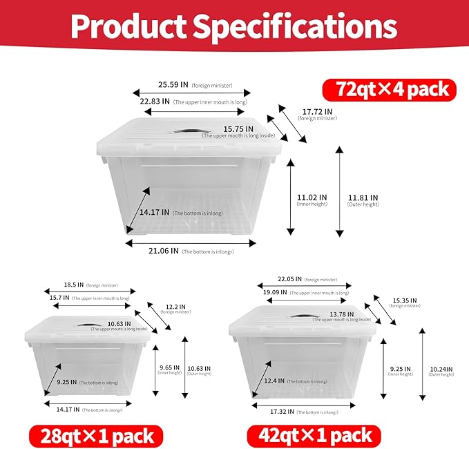 Clear Storage Bins with Lids, 4 Pack - 72 Quart Extra Large Storage Totes Boxs - Heavy Duty BPA-Free Organizing Containers Storage Boxes 4pack 72 and One 42 qt & 28qt for Home Closet
