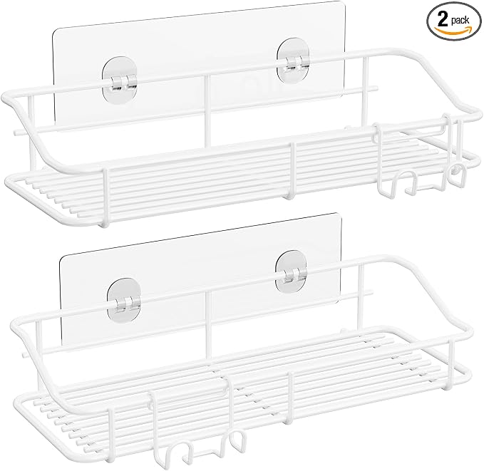 Nieifi Shower Caddy Shelf with Hooks Storage Rack Organizer Adhesive Stainless Steel Without Drilling for Bathroom, Lavatory, Washroom, Restroom, Shower, Toilet, Kitchen - 2 Pack (White) by Nieifi