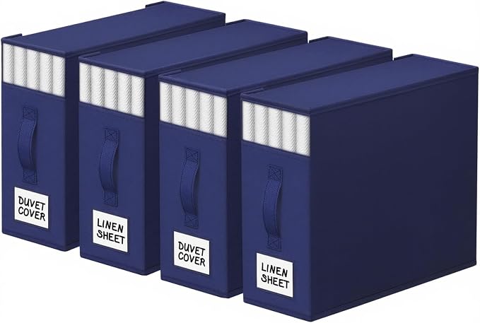 StorageTastic 4 Pack Bed Sheet Closet Organizers and Storage,Sturdy Foldable Storage Containers with Window and Label,Storage and Organization for Bedding Sheets,Duvet Covers,Blankets (Blue) by StorageTastic