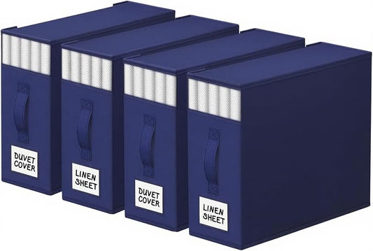 StorageTastic 4 Pack Bed Sheet Closet Organizers and Storage,Sturdy Foldable Storage Containers with Window and Label,Storage and Organization for Bedding Sheets,Duvet Covers,Blankets (Blue) by StorageTastic