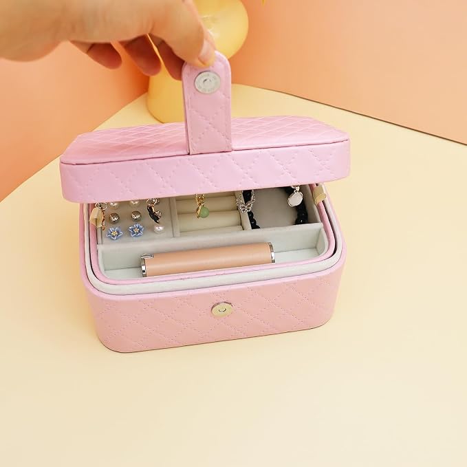 Jewelry Travel Case, 2-Layer Jewelry Box Organizer Medium Jewelry Travel Box, Portable Faux Leather Jewellery Storage Boxes with Argyle for Women, Daily Jewellery Case Home Use (Peach pink) - Image 5