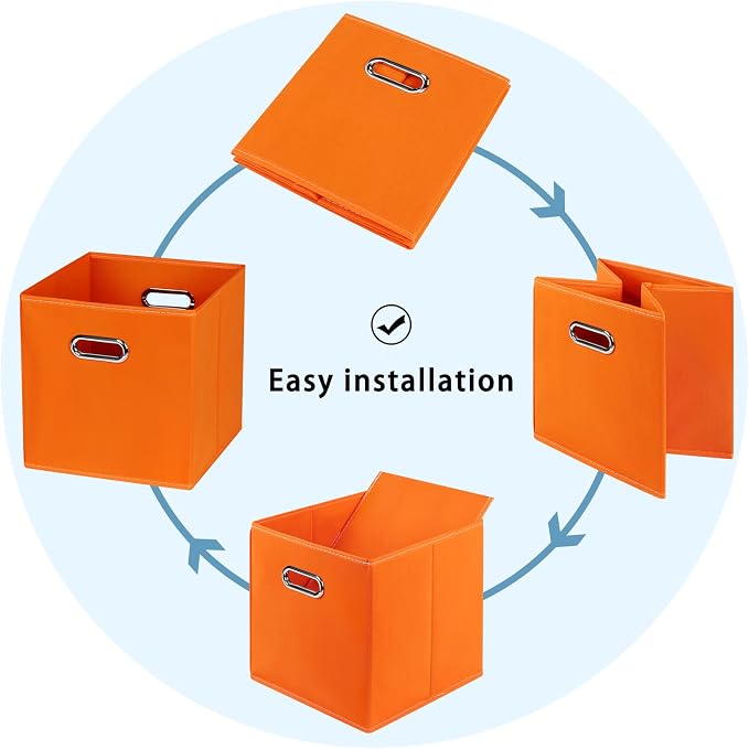 Black Fabric Cubby Storage Bins,13x13x13 Inches ,Cube Organizer Bin Foldable Storage Boxes with Dual Handles Fabric Organizer Box and collapsible Storage basket,Set of 6,Orange - Image 6