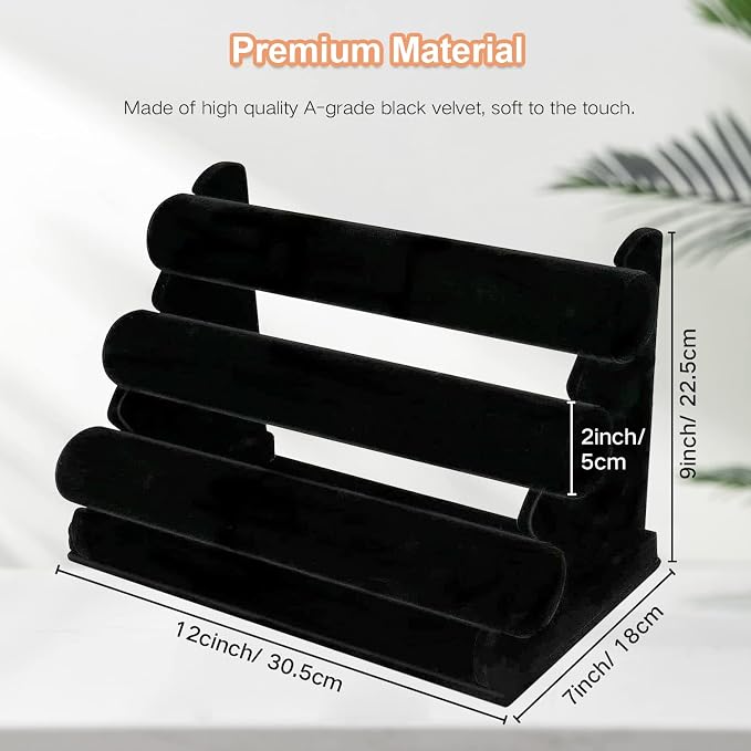 OSPNIEEK Velvet Bracelet Holder with 3 Tier Rack, Black Detachable Jewelry Display Stand T-Bar Necklace Storage Organizer for Bangles Watch Bracelets Scrunchies Organization Showcase - Image 6