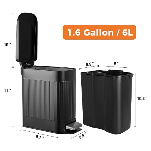 TrashAid Small Black Bathroom Trash Can with Lid Soft Close, 6 Liter / 1.6 Gallon, Stainless Steel Garbage Can with Removable Inner Bucket, Step Pedal, Slim Wastebasket for Toilet, Office, Bedroom - Image 8