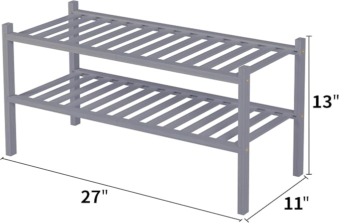 ROMGUAR CRAFT 2 Tier Bamboo Shoe Rack for Closet Free Standing Wood Shoe Shelf for Entryway Small Space Stackable 27"x11"x13" (Grey) - Image 3