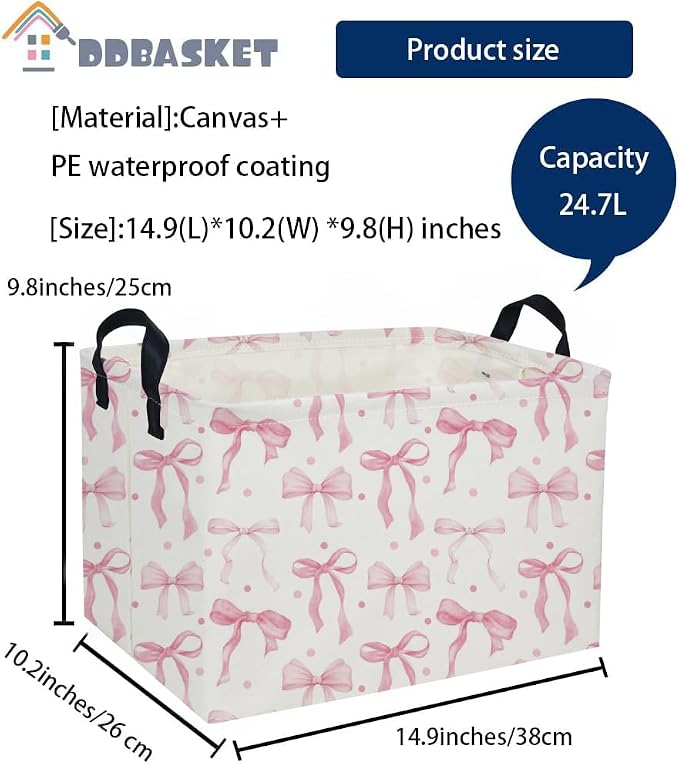 Kids Basket Pink Baskets Girls Basket Rectangular Cute Storage Bin for Room Decor(Pink bownot) - Image 2