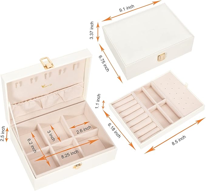 Voova Jewelry Box Organizer for Women Girls, 2 Layer Large Men Jewelry Storage Case, PU Leather Display Jewellery Holder with Removable Tray for Necklace Earrings Rings Bracelets, Vintage Gift, White - Image 6