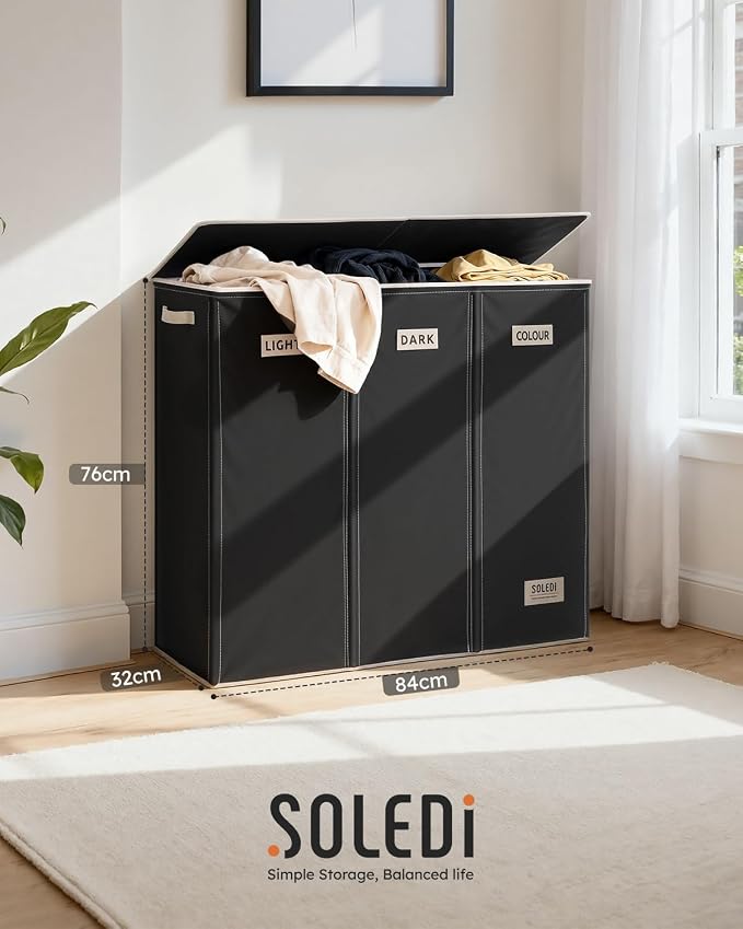 SOLEDI 200L 3-Section Laundry Hamper with Lid, Extra Large Dirty Clothes Basket with Sturdy Handles for Laundry Room & Bedroom - Durable Organizer for Sorting Laundry - Image 2