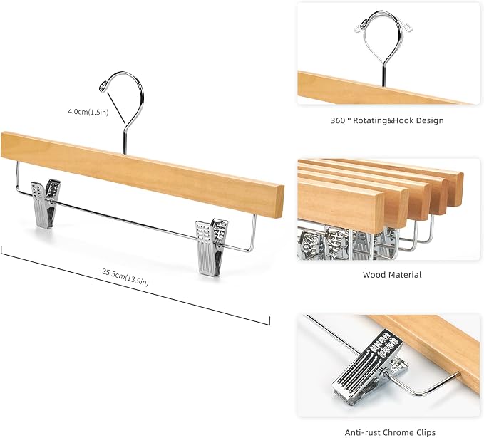 Nature Smile Solid Lotus Wood Deluxe Wooden Pants Hangers Bottom Hanger Jeans Hanger Skirt Hanger with 2-Adjustable Clips Anti-Rust Hook Pack of 10 (Natural) - Image 2