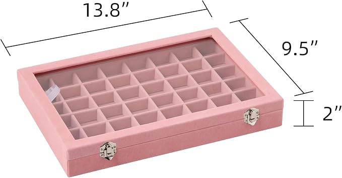 Frebeauty 48 Grid Jewelry Tray,Adjustable Earring Holder Organizer with Glass Lid,Velvet Drawer Jewelry Organizer for Rings,Studs,13.8 x 9.5 x 2 Inches Jewelry Display Box,Gift for Women(Pink) - Image 3