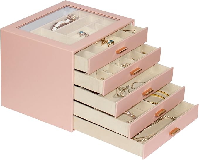 Jewelry Box with Glass Lid, 5-Layer Jewelry Organizer for Women Girls, PU Leather Display Case with 20-Grid Earring Tray & Movable Dividers for Necklaces Rings,Pink - Image 7