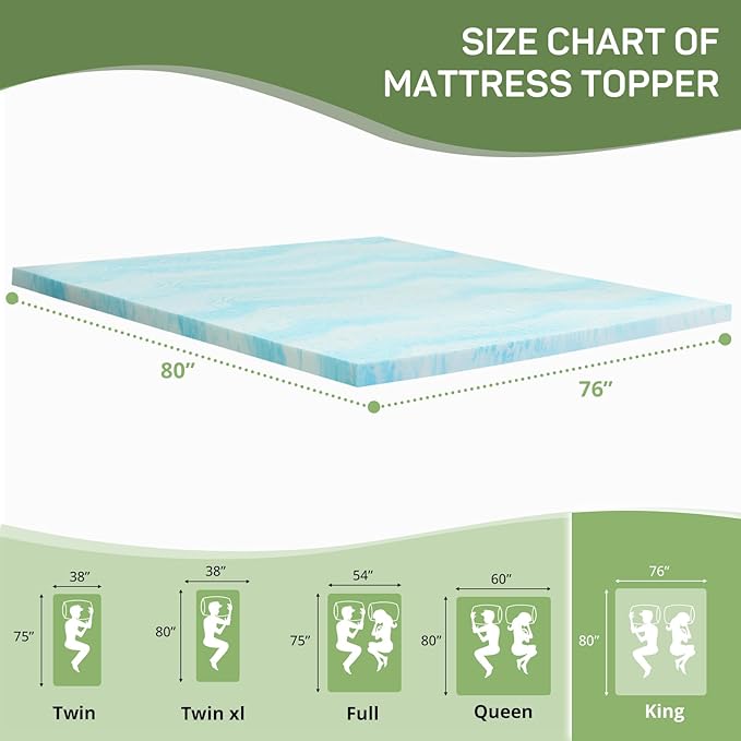 2 Inch Mattress Topper King Size, Gel Memory Foam Mattress Pad, CertiPUR-US Certified, Ventilated Bed Topper for Pressure Relief Back Pain, Blue