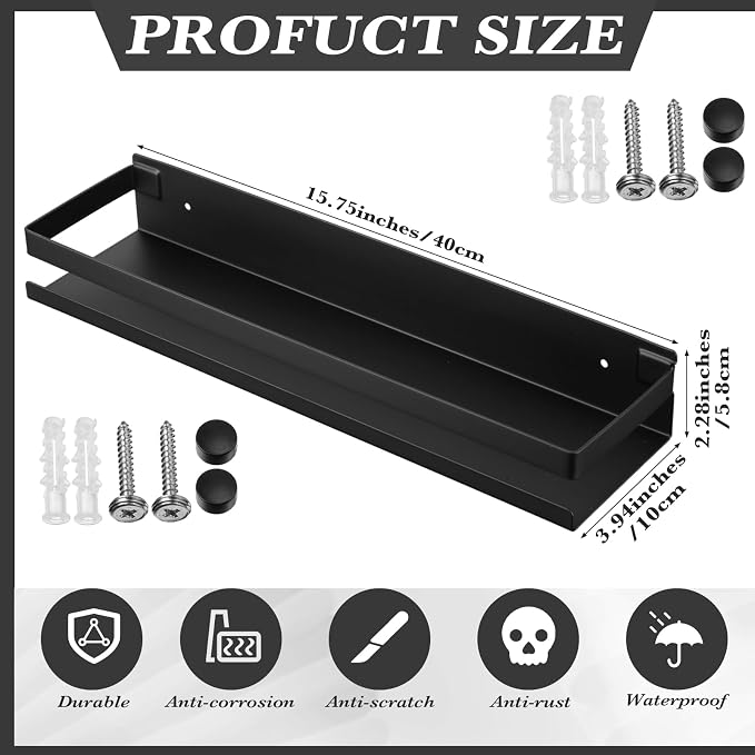 Lallisa 2 Pieces Stainless Steel Shelf Bathroom Shower Floating Shelves Wall Mounted Shower Caddy Basket Shelf Storage Organizer Shelves for Bathroom, Kitchen, Living Room(15.75 Inch/ 40 cm,Black) - Image 3