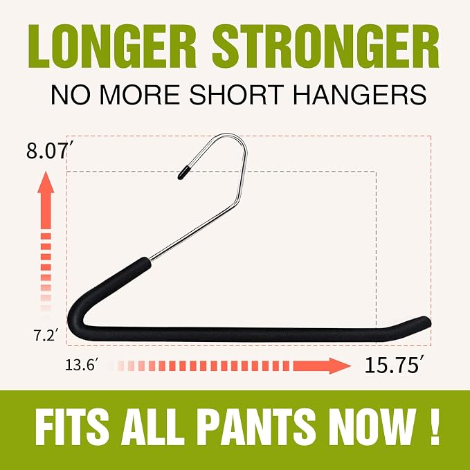 Spring Fever Open Ended Non Slip Sponge Padded Pants Hangers - Chrome Plating Foam Heavy Duty Space Saving Black Long 20 - Image 2