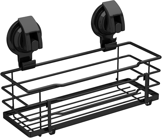 TESOT Suction Cup Shower Caddy, Shower Shelf Soap Dish with Hooks for Razor, Sponge, Rust Proof 304 Stainless Steel, Black - Image 2