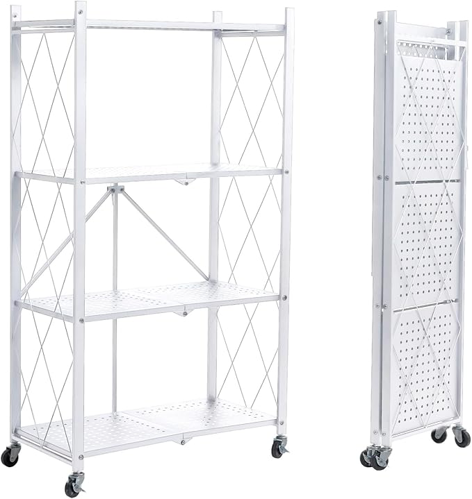 BRIAN & DANY 4-Tier Foldable Storage Shelves with Wheels, Folding Metal Rack Shelving Unit, Heavy Duty No Assembly Organizer Shelf for Garage, Kitchen, Pantry, White by BRIANDANY