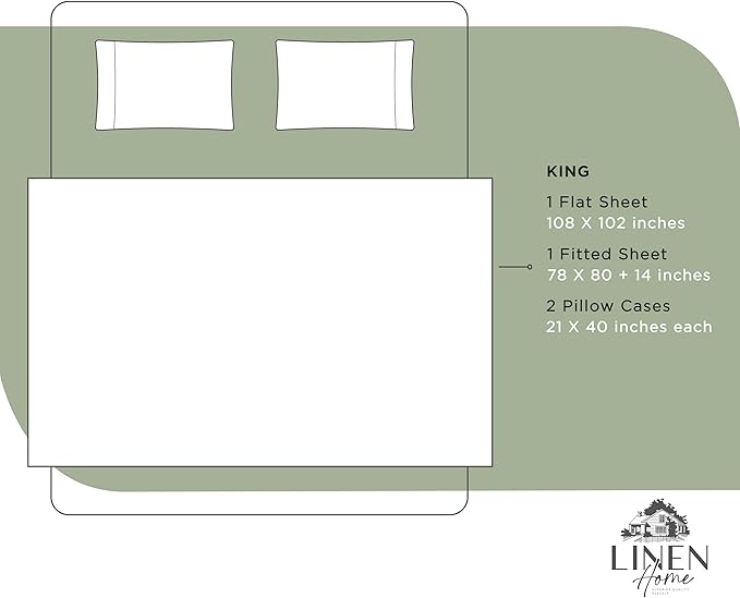 Linen Home 100% Cotton Percale Sheets King Size, 4-Piece Set - Crisp, Soft, Cool & Breathable, Deep Pocket Fits 16" Mattress, Long-Staple Combed Cotton, Hotel Style, Oil Green