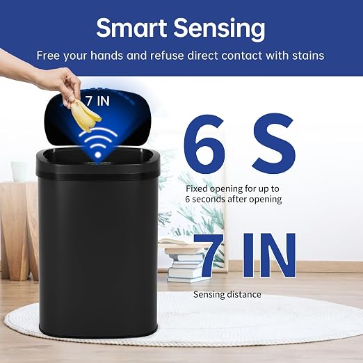 Stainless Steel Kitchen Trash Can Bathroom Bedroom Office Waste Bin with Lid Automatic Sensor Touch Free Garbage Can 13 Gallon / 50L,Black - Image 4