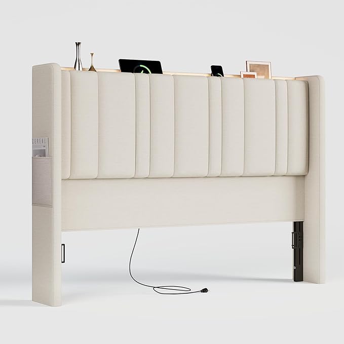 ONBRILL Queen Size Headboard with Storage, LED Light, Linen Vertical Wingback Headboard with Charging Station, Upholstered Head Board Queen w/High-Density Sponge Padding, 2 Storage Pockets, Off White