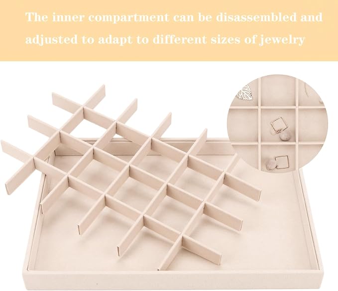 Large Velvet Jewelry Tray, Drawer Organizer for Jewelry in Dresser, Stackable Jewelry Drawer Organizer Inserts for Earring Necklace Bracelet Rings(Beige,24grid) - Image 3