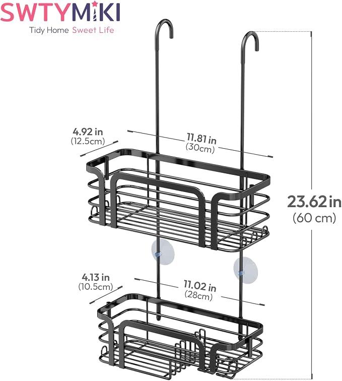 SWTYMIKI Shower Caddy Hanging Organizer - Over the Door Shower Caddy with Soap Holder, 11 Hooks, 2 Installation Ways, Stainless Steel Rustproof Bathroom Organizer, Black - Image 8