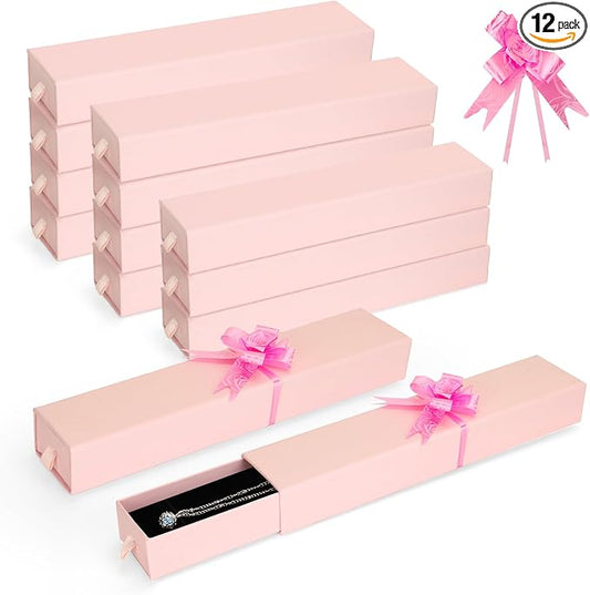 12-Pack Drawer Style Jewelry Gift Boxes with Sponge Insert, 8.7"x1.8"x1.2" Necklace & Bracelet Display Box for Presentation, Cardboard Storage Organizer for Pendant, Ring, Earring - Pink by MATUFF