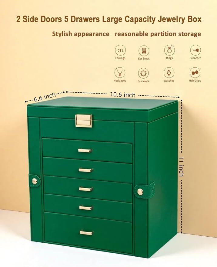 BOOVO Jewelry Box For women, 6 Layer Large Jewelry Organizer With Mirror, Multi-Function Storage Box With Lock, Necklace Holder With 5 Drawers, For Earrings Necklace Bracelet (Green and Gold) - Image 5