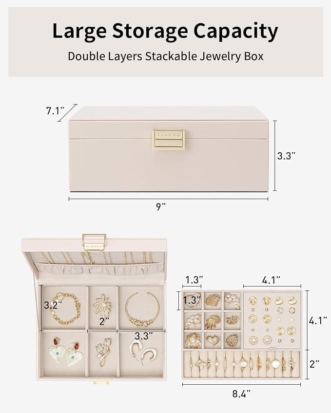 VLANDO 2 Layer Jewelry Box Large Jewelry Organizer for Women Removable Jewelery Tray for Necklace Earrings Rings Bracelets Mothers Gifts for Mom Wife (Light Pink) - Image 6
