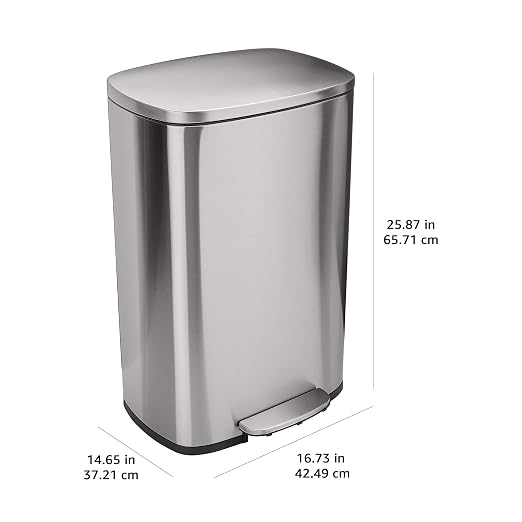 Amazon Basics Smudge Resistant Rectangular Trash Can with Soft-Close Lid, Foot Pedal, Removable Inner Bucket, 50 Liter/13.2 Gallon, Brushed Stainless Steel, Satin Nickel Finish - Image 3