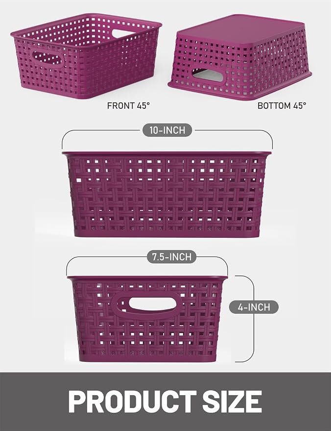WYT 6-Pack Plastic Small Shelf Storage Weave Baskets Organizing for Cabinets and Pantries, Deep Purple - Image 2