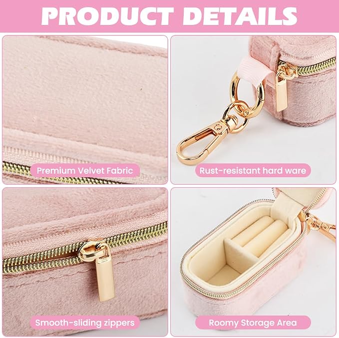 Velvet Mini Travel Jewelry Case, 2 in 1 Ring Holder Keychain + 50 Plastic Earrings, Portable Small Jewelry Organizer for Women, Travel/Gym/Wedding/Bridesmaid Gift - Image 5