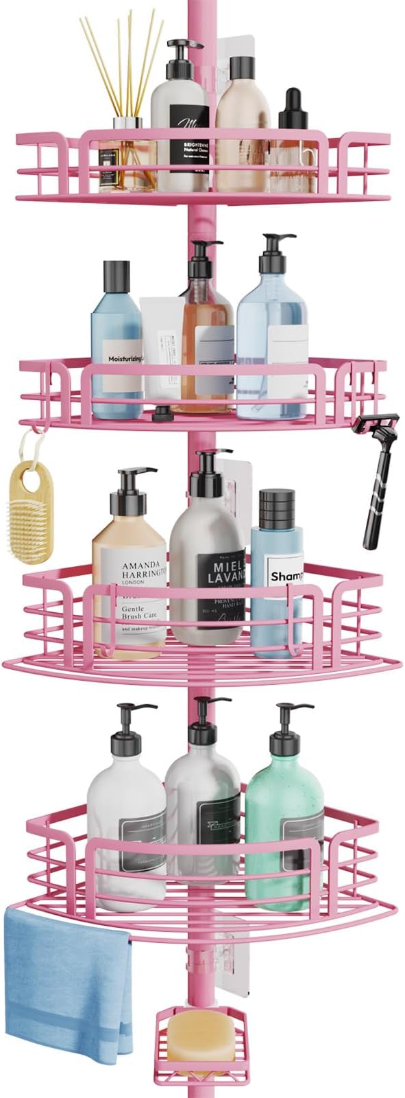 Consumest Corner Shower Caddy Tension Pole - Rustproof Shower Shelves with Towel Bar & Soap Holder, Adjustable Bath Organizer for Bathroom Storage, 27.6-108.3 inch, Pink by Consumest