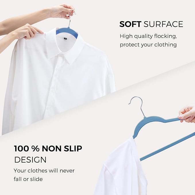 HOUSE DAY Premium Velvet Hangers 50 Pack Blue, Non-Slip Flocked Felt Hangers, Sturdy Clothes Hanger with 360° Rotatable Hook, Heavy Duty Durable Slim Coat Hanger for Closet Space Saving - Image 5